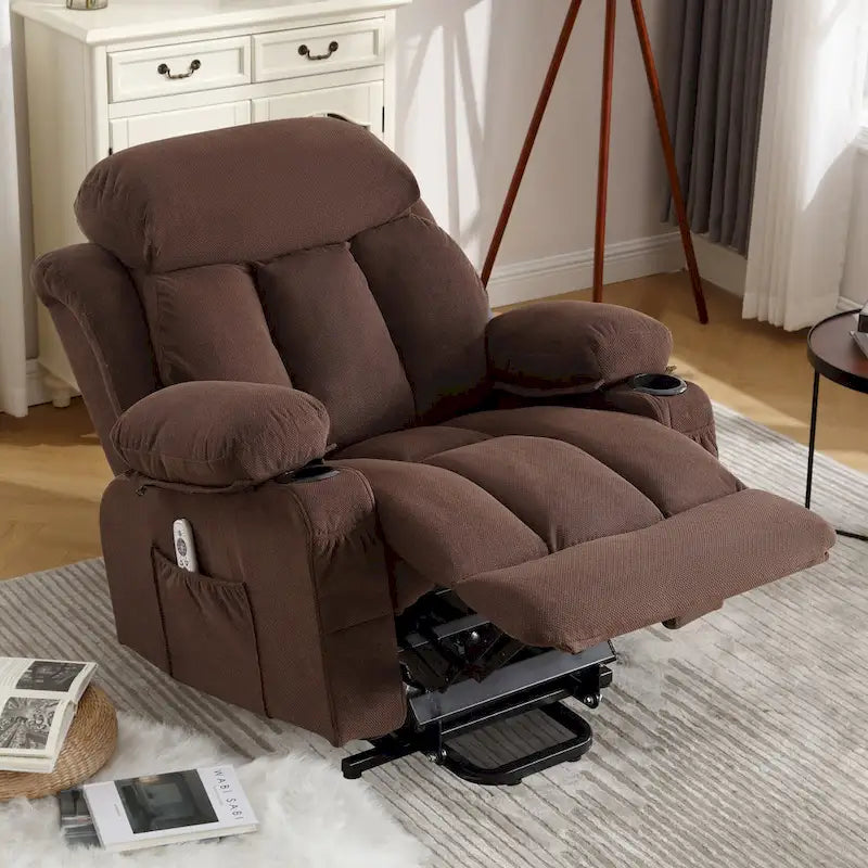 Fauteuil inclinable électrique gris avec massage chauffant, chargement USB, télécommande et poches latérales pratiques pour les personnes âgées