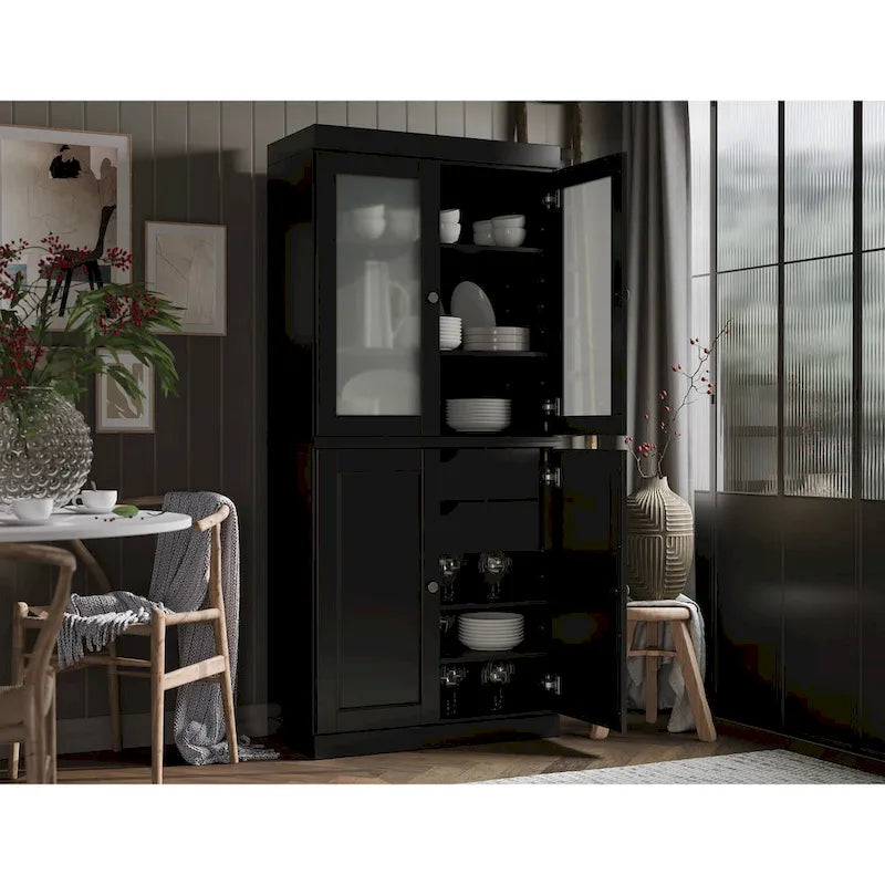 Meuble de rangement en bois massif avec portes en verre dépoli, portes pleines, 2 tiroirs et étagères réglables