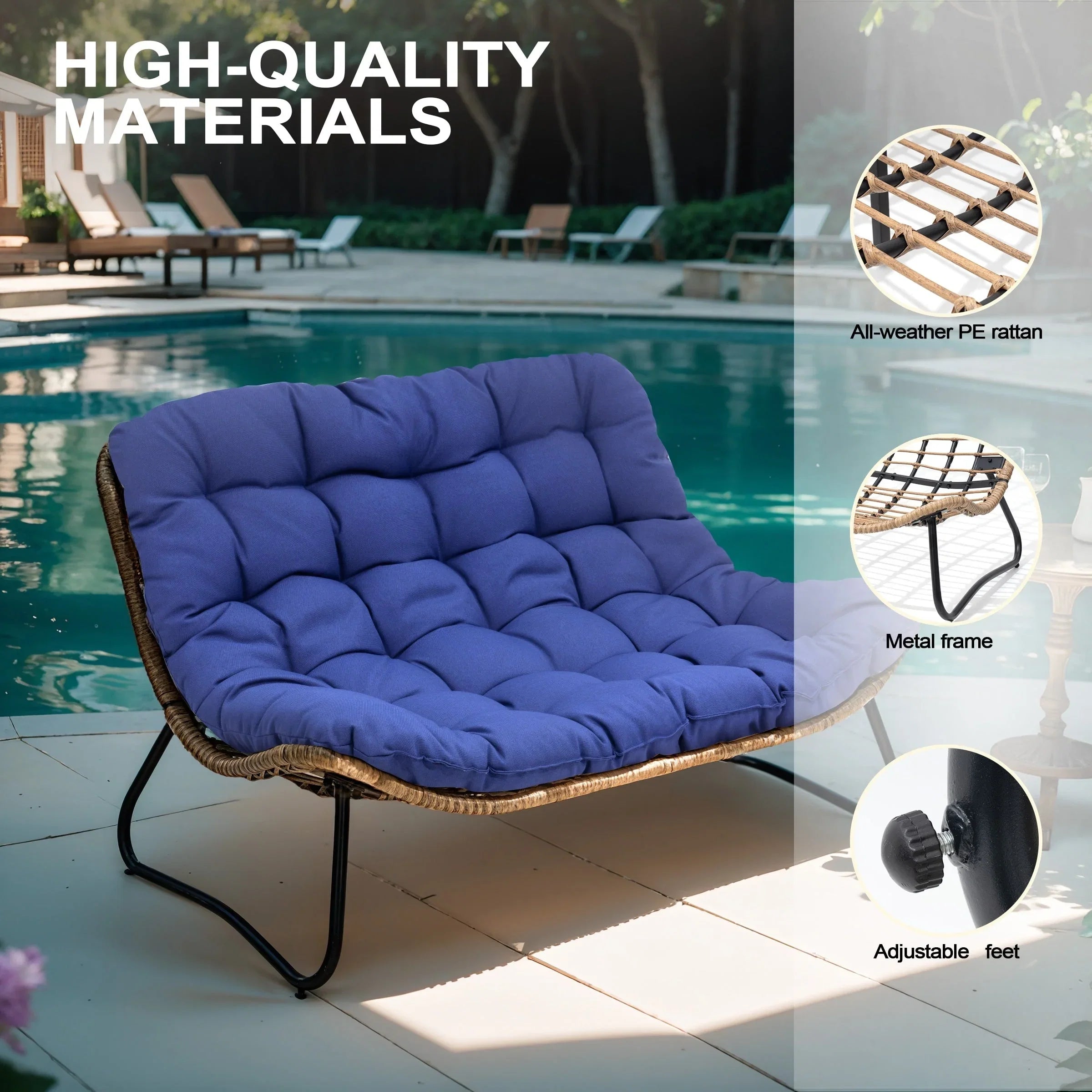 Causeuse double Papasan avec coussin, rotin PE tout temps et cadre en métal pour l'intérieur et l'extérieur