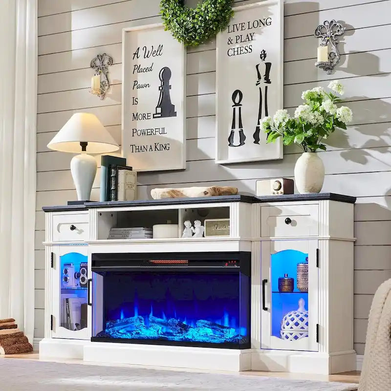 Meubles TV avec cheminée électrique de style rustique jusqu'à 80 pouces, centre de divertissement