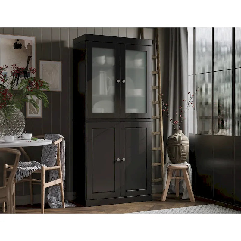Meuble de rangement en bois massif avec portes en verre dépoli, portes pleines, 2 tiroirs et étagères réglables