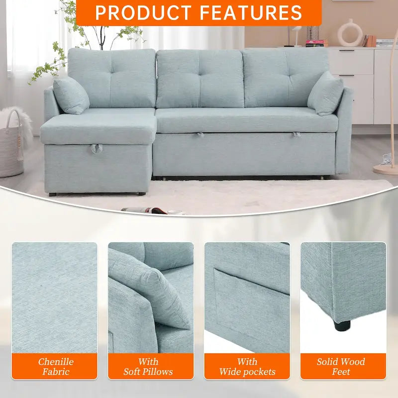 Canapé d'angle réversible en velours côtelé/chenille avec chaise longue de rangement et poche latérale