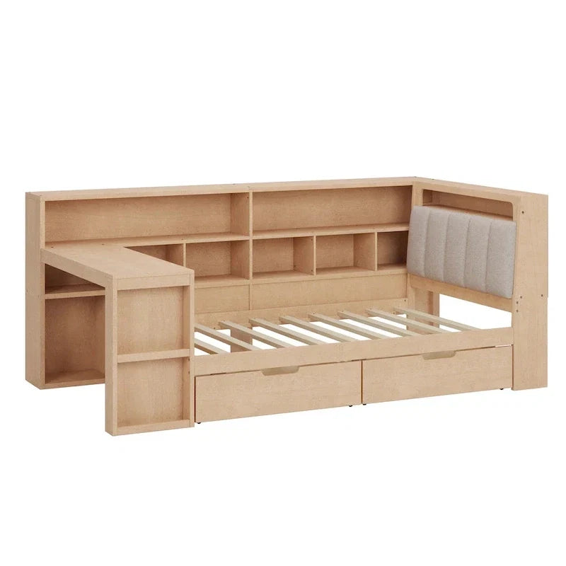Canapé-lit d'angle en bois en forme de L avec bureau, bibliothèque, lit d'angle avec tiroirs de rangement, tête de lit rembourrée et éclairage intégré