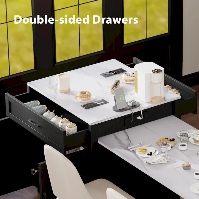 Îlot de cuisine en bois de 210 cm pour 4 à 6 personnes avec table à manger extensible et rangement double.