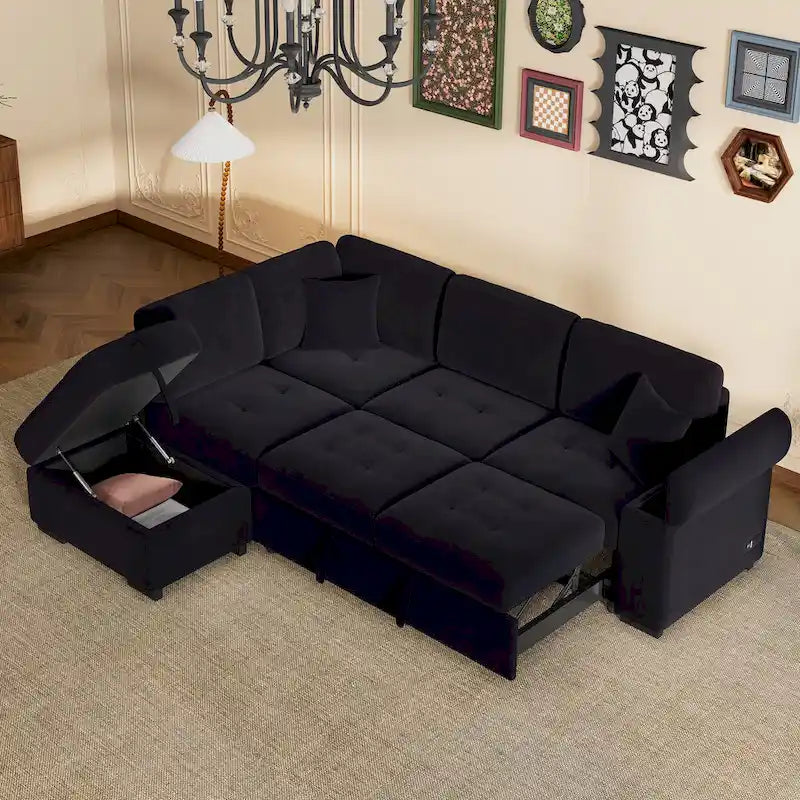 Canapé d'angle convertible 5 places en L 84,75 po avec pouf de rangement, rangement de bras dissimulé et chargement USB pour salon