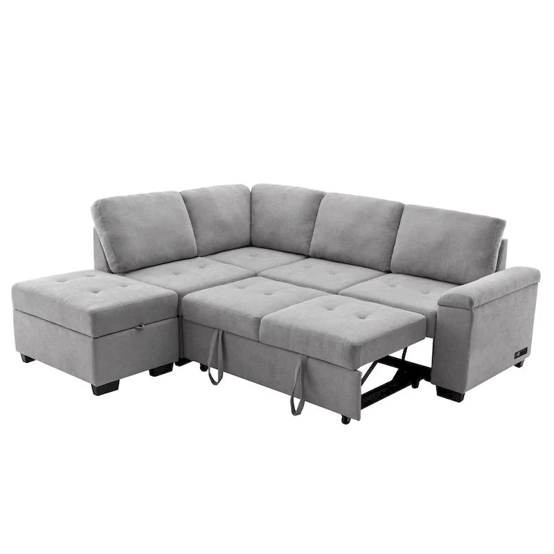 Canapé d'angle convertible 5 places en L 84,75 po avec pouf de rangement, rangement de bras dissimulé et chargement USB pour salon