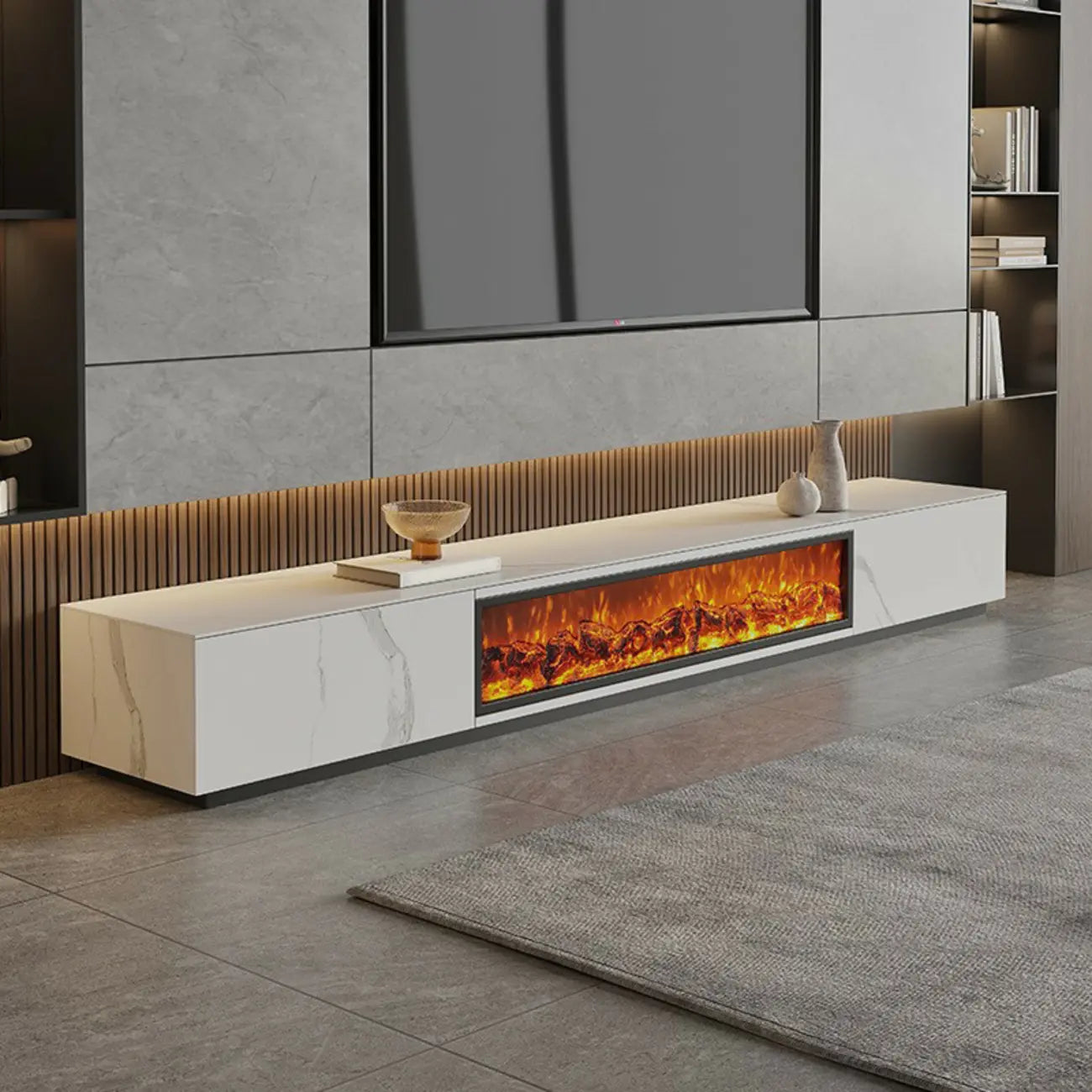 Meuble TV en pierre avec cheminée électrique noire et lumière, 87 cm de large