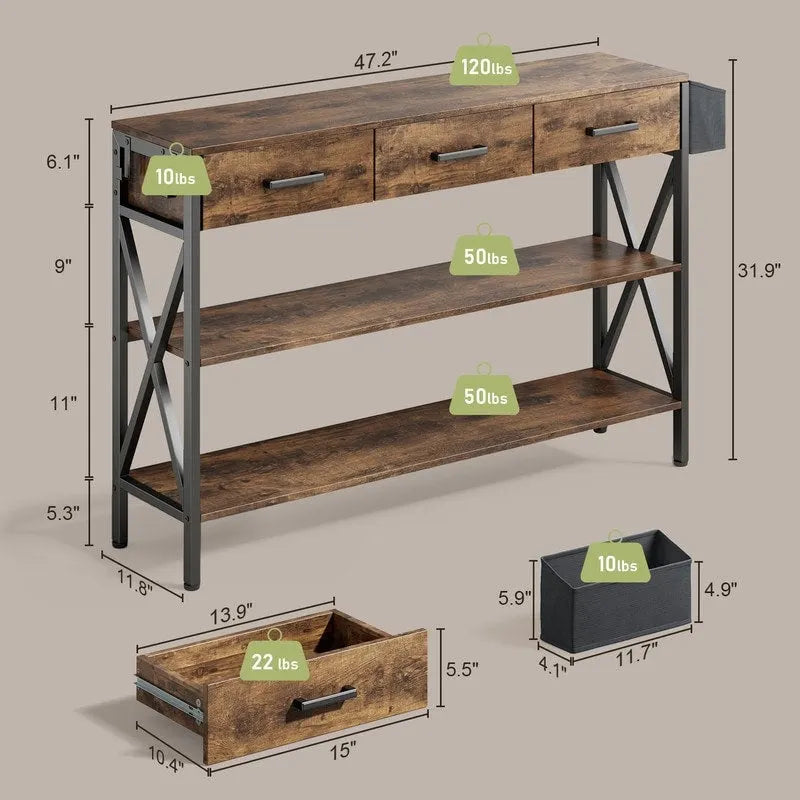 Console avec 3 tiroirs, table de canapé d'entrée avec 3 étagères de rangement