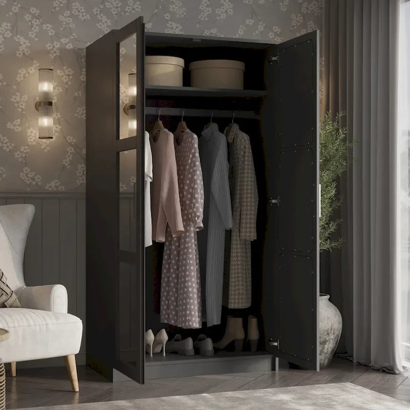 Armoire urbaine à 2 portes 100 % en bois massif avec portes pleines et portes miroir