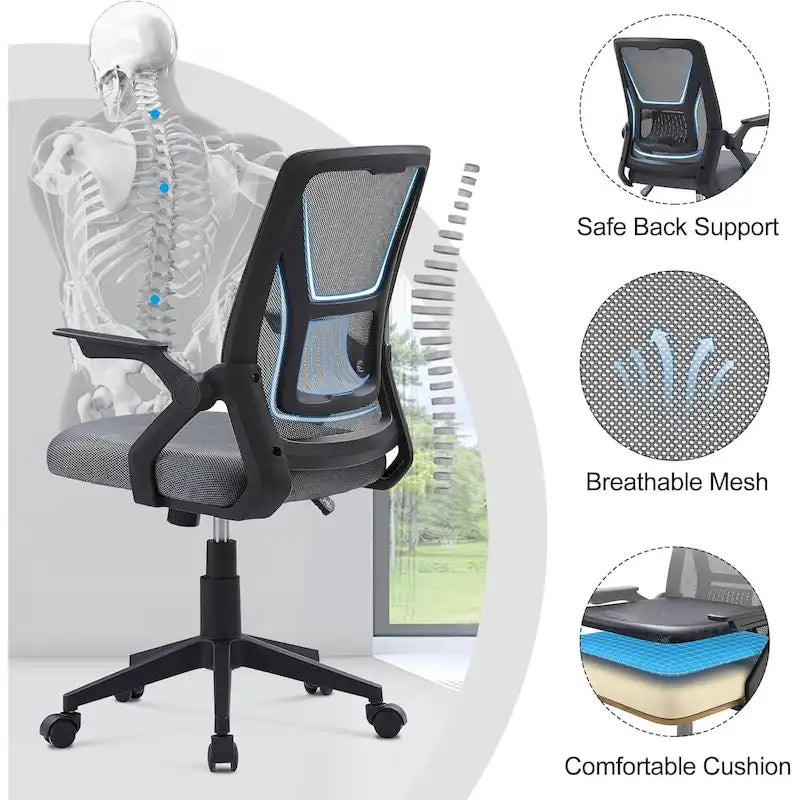 Javlergo Chaise de Bureau Dossier Mi-Hauteur Pivotante avec Support Lombaire, Fauteuil de Bureau Ergonomique en Maille avec Accoudoirs