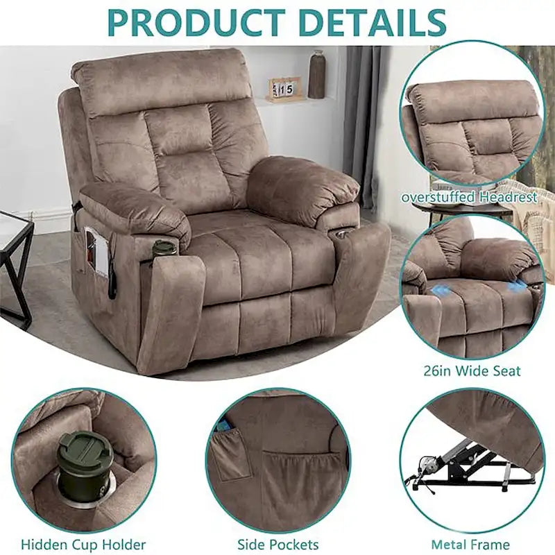 Grand fauteuil inclinable de massage électrique avec fonction de levage, chauffage et porte-gobelet dissimulé