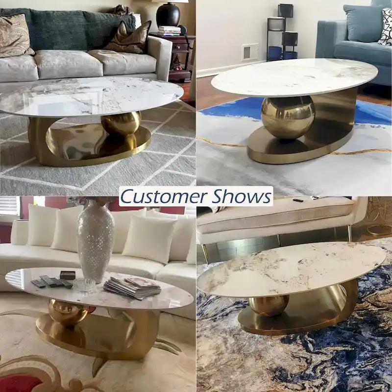 Table basse ovale moderne Pandora 51 avec plateau en pierre frittée brillante, table basse de luxe, pieds en acier inoxydable pour salon