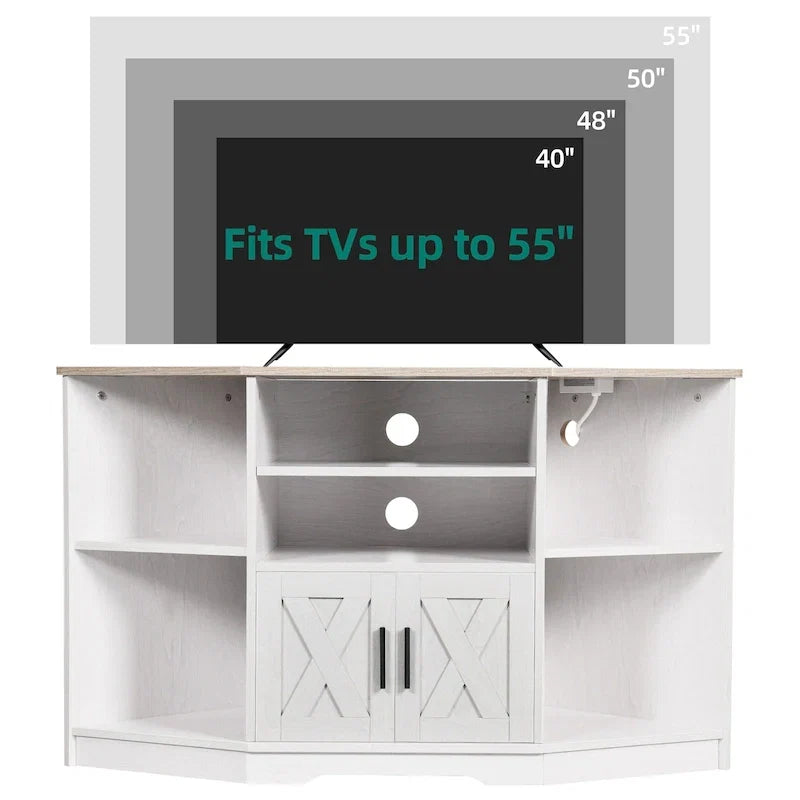 Meuble TV d'angle de ferme, meuble multimédia avec prise de courant pour téléviseurs jusqu'à 55 pouces