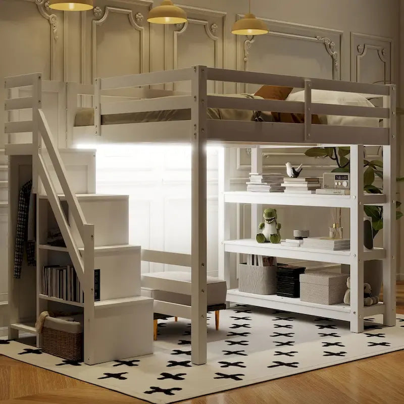 Lit mezzanine simple/double avec escalier de rangement - Étagères, armoire et lumière LED, design peu encombrant