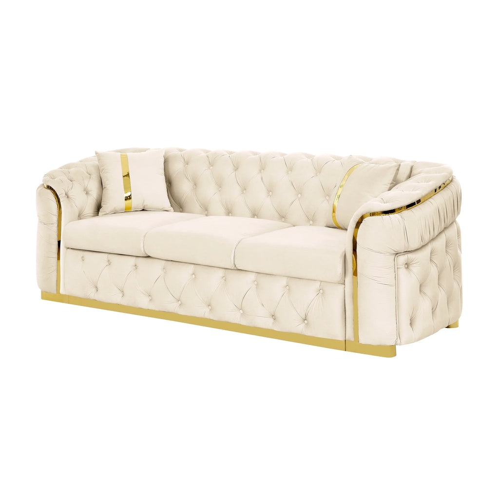 Canapé 3 places Velvet 90,6 po avec 2 oreillers, coussins haute densité, accents dorés et oreillers