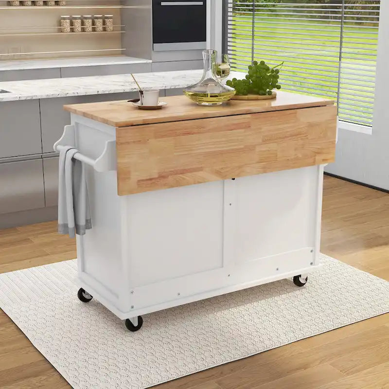 Desserte de cuisine avec plan de travail rabattable en bois d'hévéa, porte coulissante dissimulée à hauteur réglable, îlot de cuisine sur 4 roues