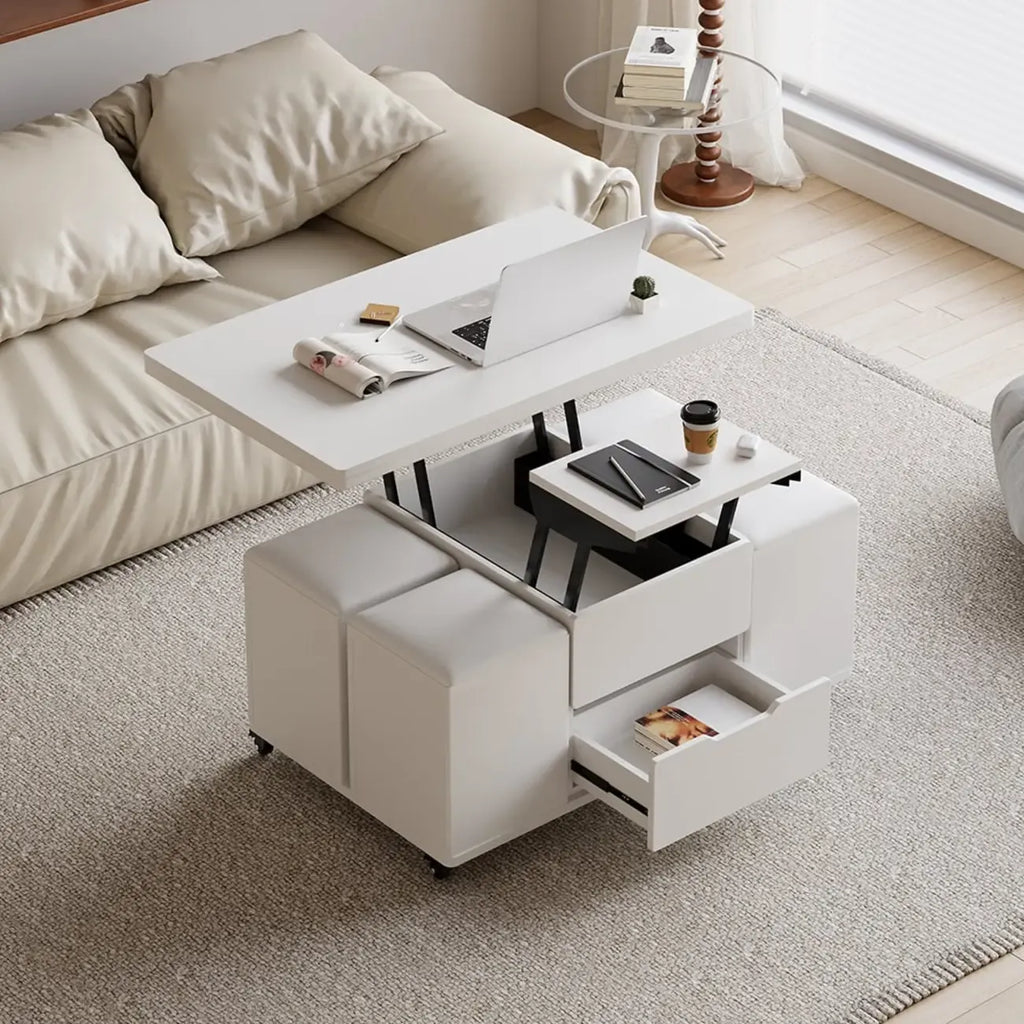 Table basse relevable pliable avec 4 tabourets et rangement