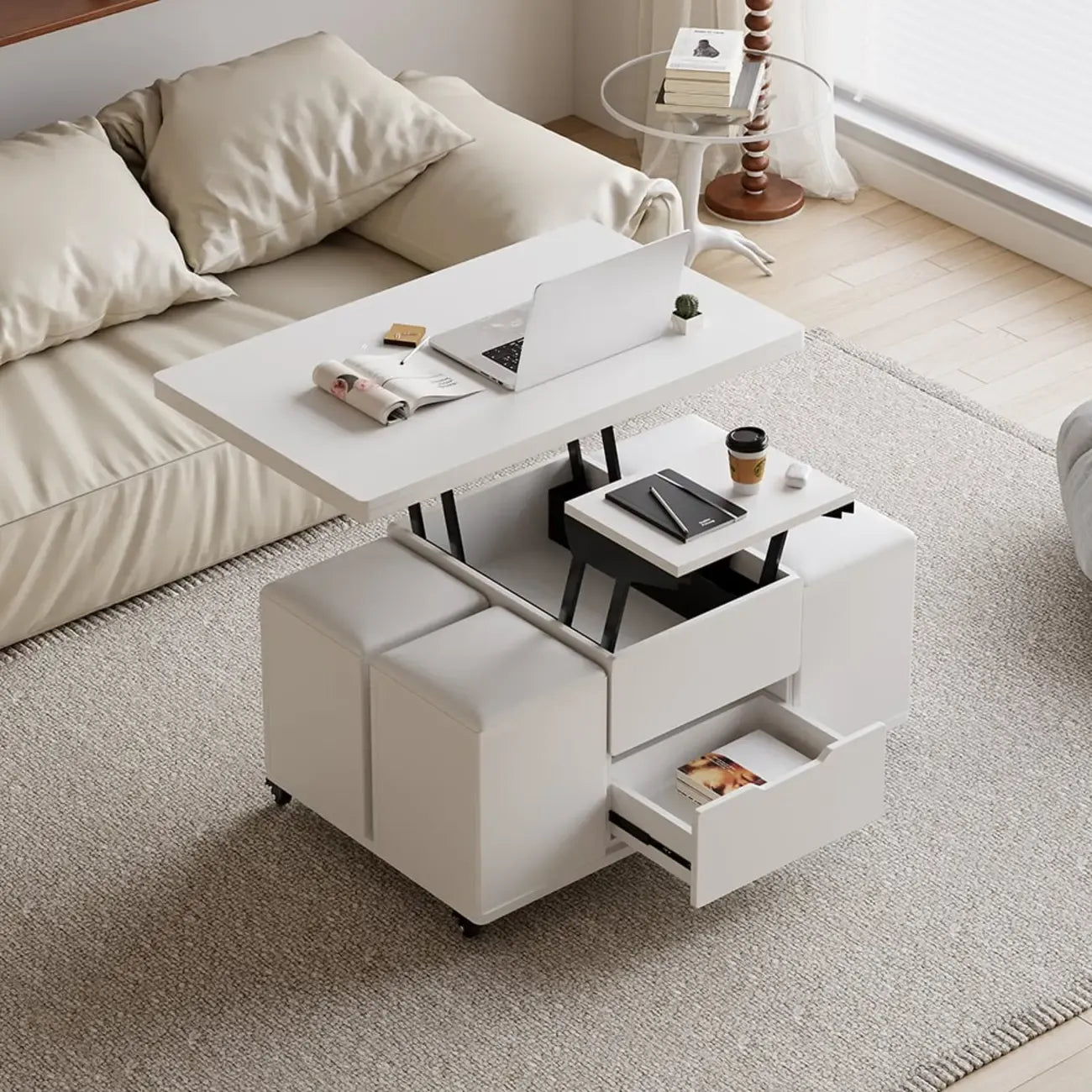 Table basse relevable pliable avec 4 tabourets et rangement