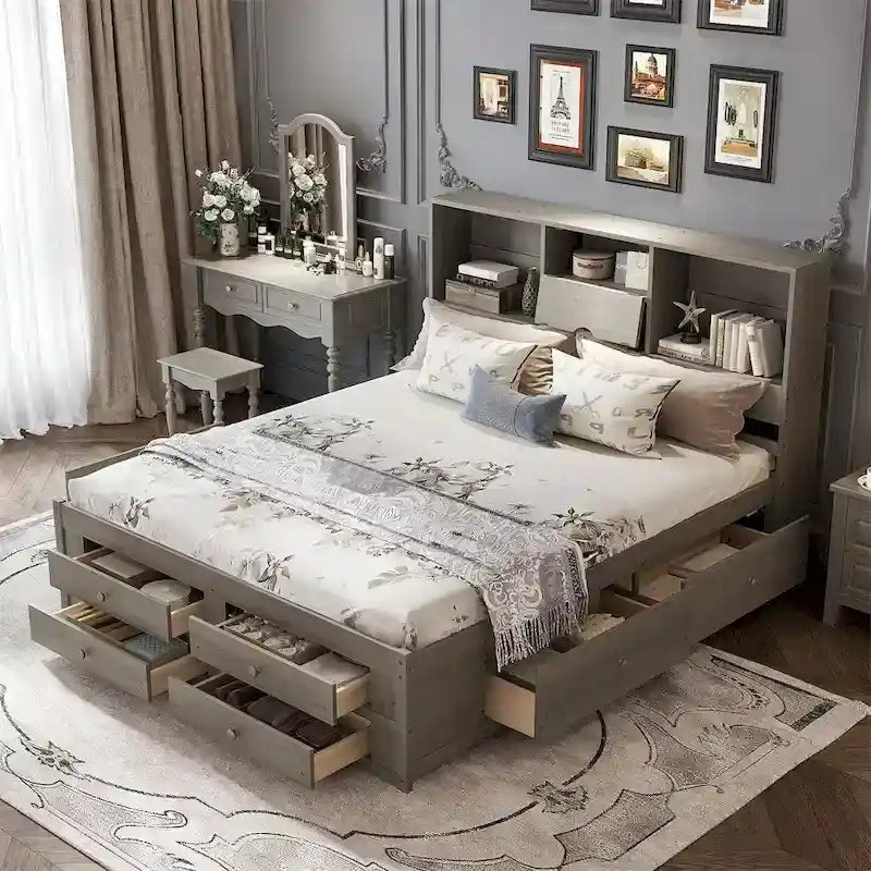 Lit plateforme King Size avec tête de lit de rangement et 8 tiroirs