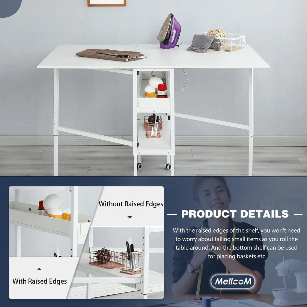 Table artisanale réglable en hauteur avec étagères de rangement, table de coupe pliante mobile pour bureau à domicile, salle de couture, salle d'artisanat