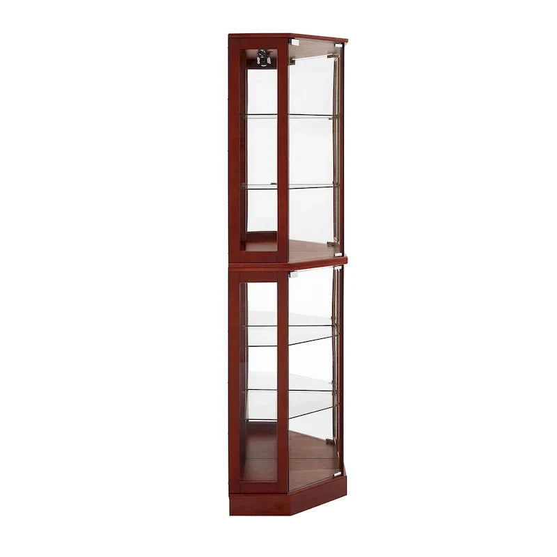 Vitrine d'angle à 6 étagères avec lumières, miroirs et étagères réglables, merisier