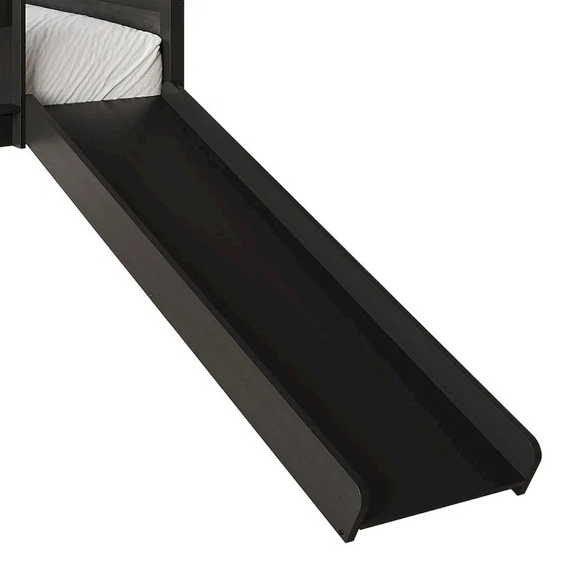 Lit mezzanine bas classique double CraftPorch avec tableau noir, toboggan et échelle