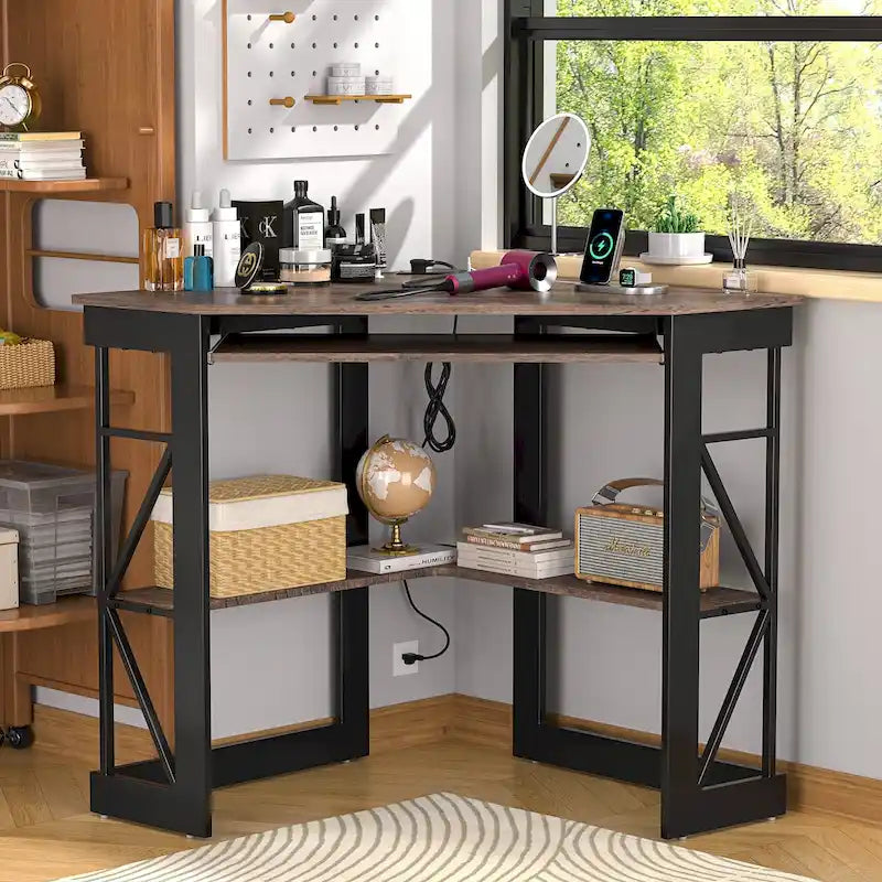 Bureau d'Angle Petit Bureau avec Prises, Table d'Angle pour Petit Espace, Bureau d'Ordinateur avec Ports USB, Bureau Triangle avec Rangement