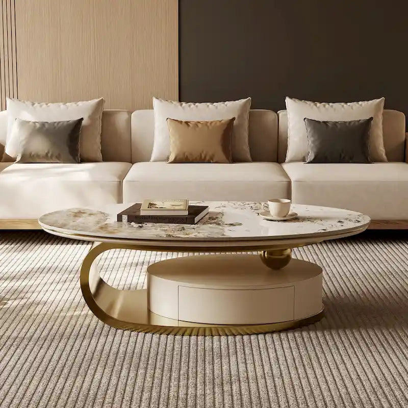 Table basse ovale moderne Pandora 51 avec plateau en pierre frittée brillante, table basse de luxe, pieds en acier inoxydable pour salon
