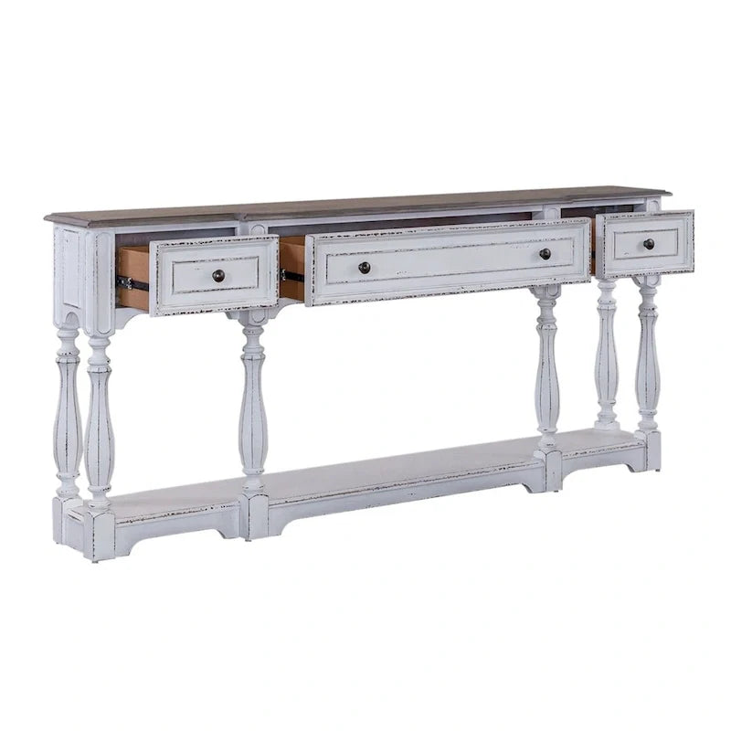 Console de hall 72 po blanc antique et écorce vieillie