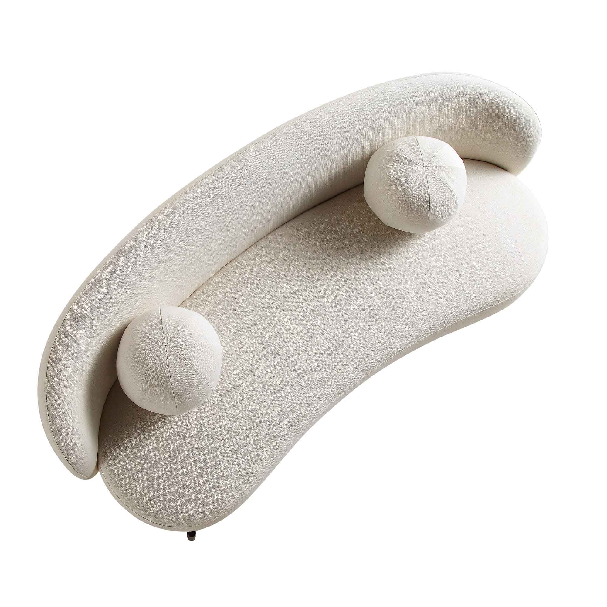 Canapé incurvé 3 places avec coussins boules, mélange de lin beige