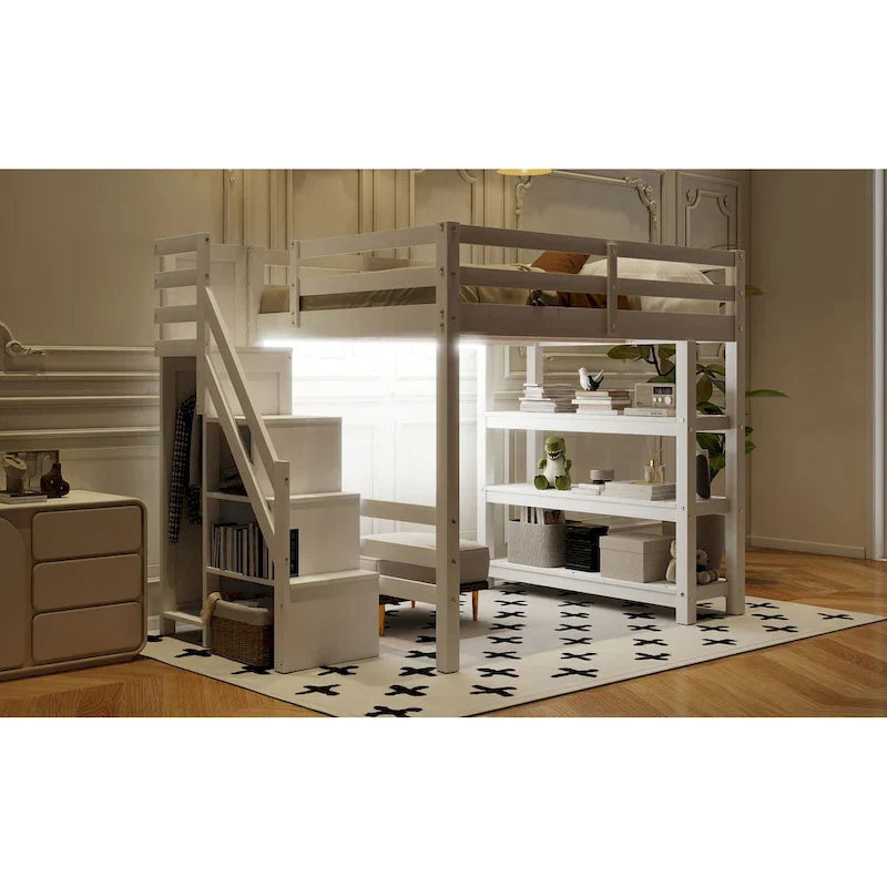 Lit mezzanine simple/double avec escalier de rangement - Étagères, armoire et lumière LED, design peu encombrant