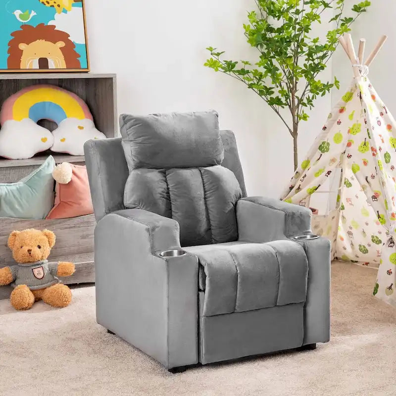Fauteuil inclinable de luxe pour enfants avec repose-pieds, appuie-tête et 2 porte-gobelets, en microfibre, pour les enfants de 3 ans et plus