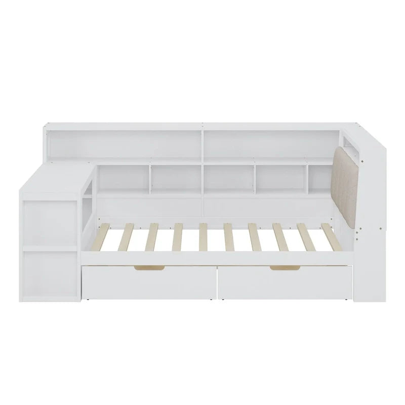 Canapé-lit d'angle en bois en forme de L avec bureau, bibliothèque, lit d'angle avec tiroirs de rangement, tête de lit rembourrée et éclairage intégré