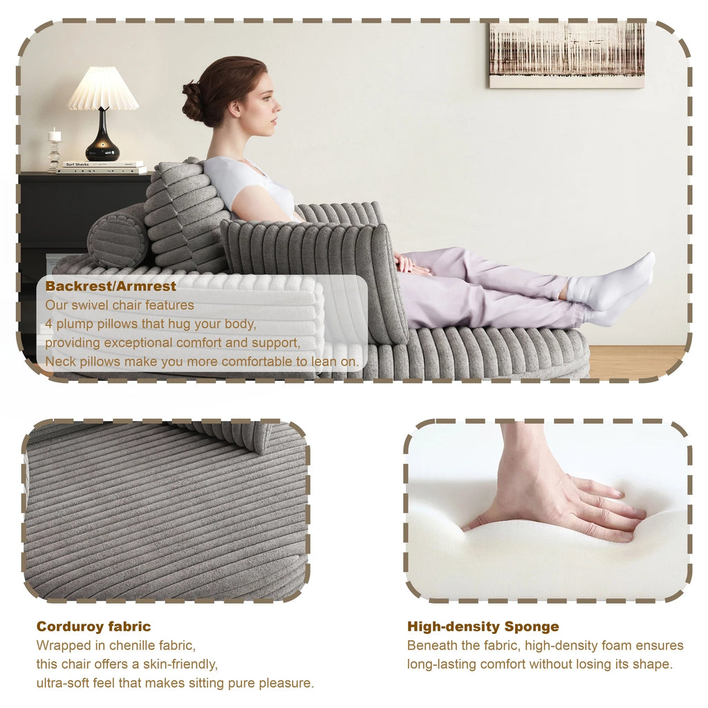 Fauteuil pivotant simple en velours côtelé et chenille avec rembourrage en mousse