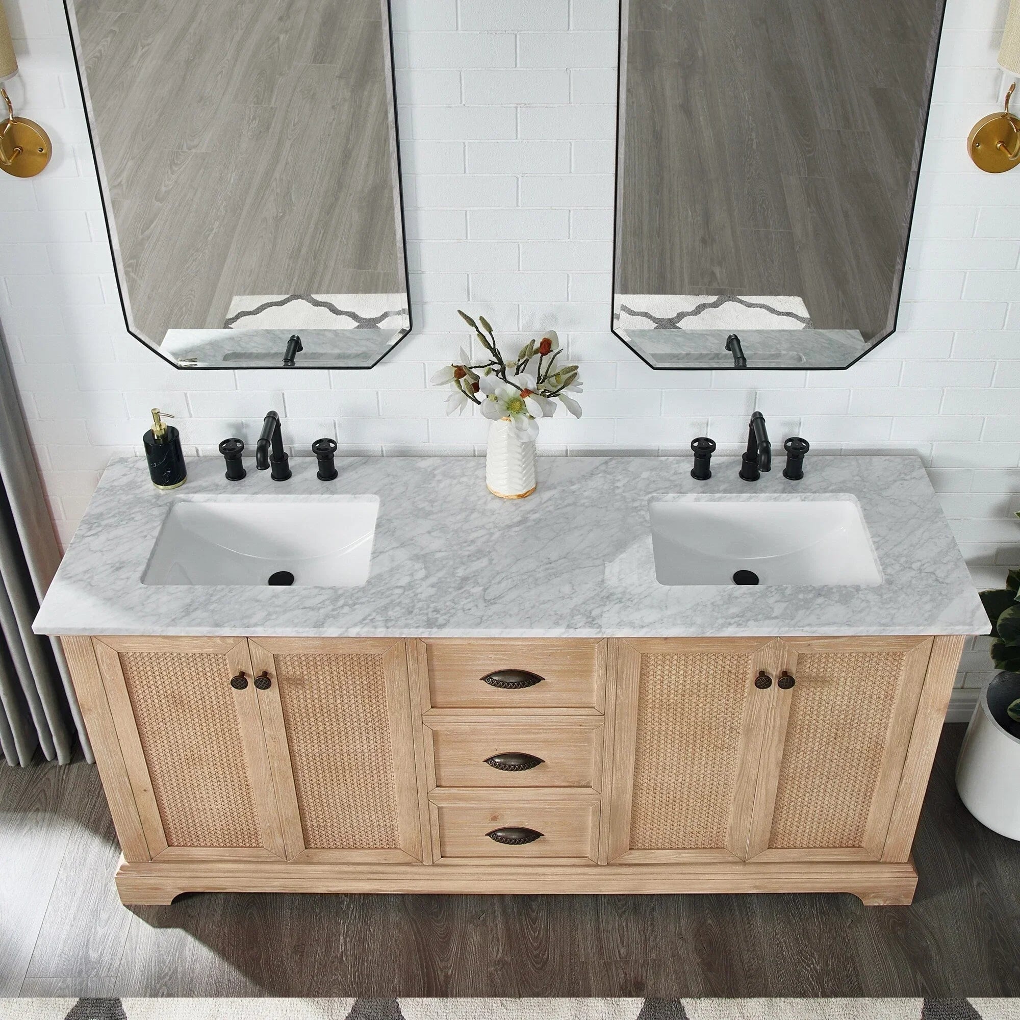Meuble sous-vasque Hervas avec plateau en marbre naturel, sans miroir