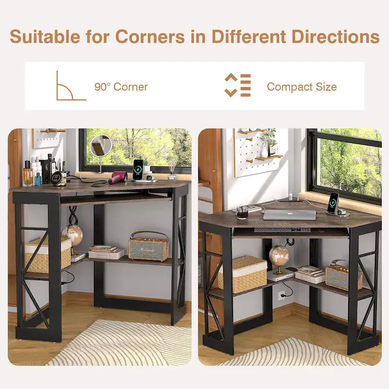Bureau d'Angle Petit Bureau avec Prises, Table d'Angle pour Petit Espace, Bureau d'Ordinateur avec Ports USB, Bureau Triangle avec Rangement