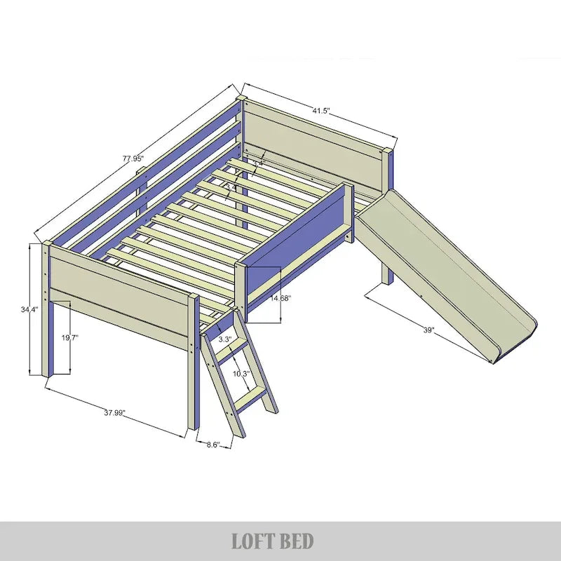 Lit mezzanine bas classique double CraftPorch avec tableau noir, toboggan et échelle