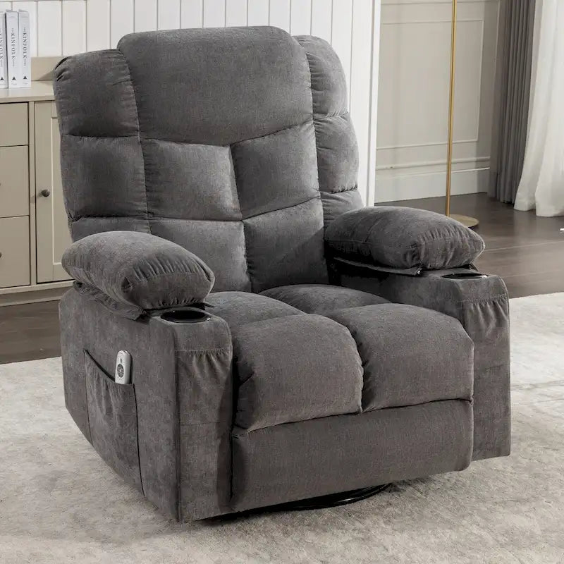 Fauteuil inclinable gris surdimensionné avec fonctions de chauffage et de massage, inclinaison à 150°, bascule à 30°, port USB pour la recharge et 2 porte-gobelets