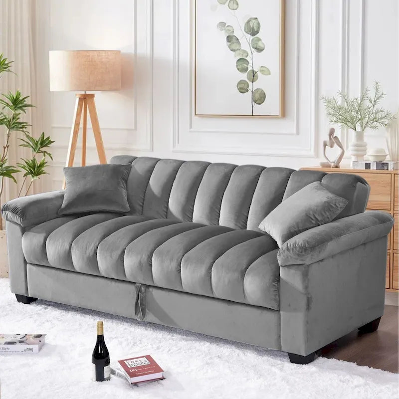 Canapé-lit convertible en velours de 82,7 po avec 2 oreillers