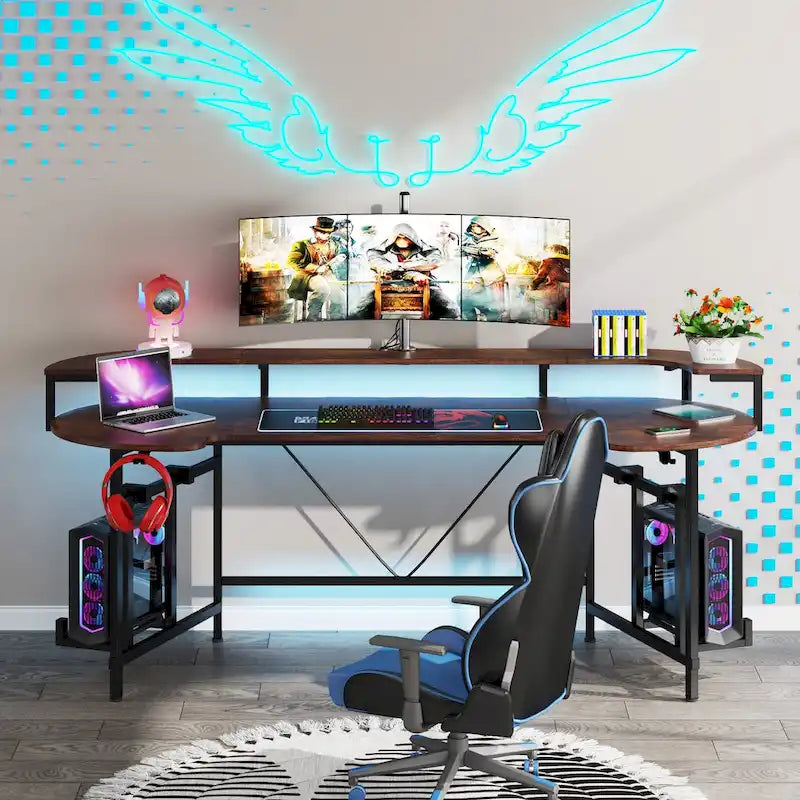 Bureau de gaming avec étagère pour moniteur, bureau d'ordinateur de 75 pouces avec bande LED