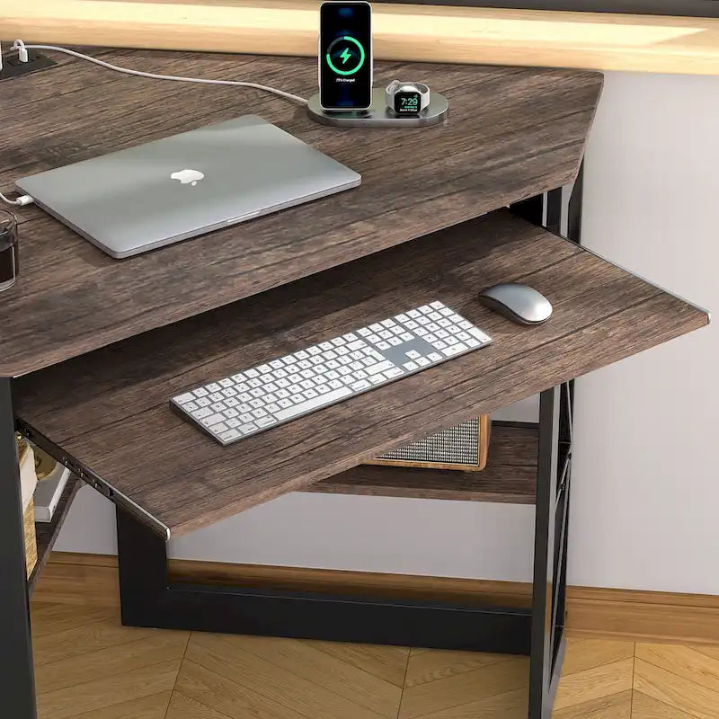 Bureau d'Angle Petit Bureau avec Prises, Table d'Angle pour Petit Espace, Bureau d'Ordinateur avec Ports USB, Bureau Triangle avec Rangement