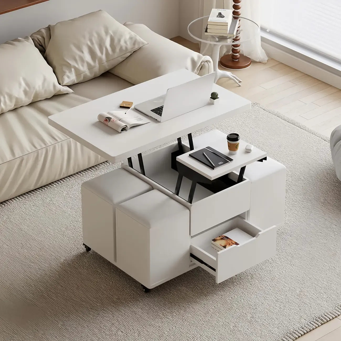 Table basse relevable pliable avec 4 tabourets et rangement