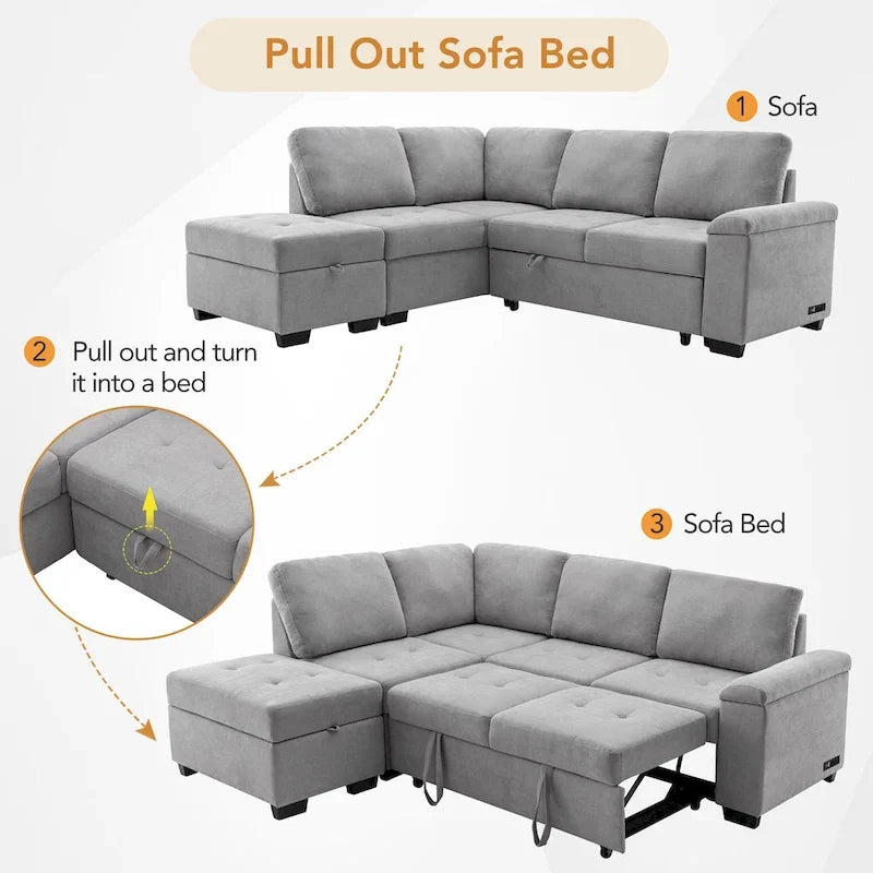 Canapé d'angle convertible 5 places en L 84,75 po avec pouf de rangement, rangement de bras dissimulé et chargement USB pour salon
