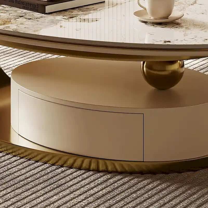 Table basse ovale moderne Pandora 51 avec plateau en pierre frittée brillante, table basse de luxe, pieds en acier inoxydable pour salon