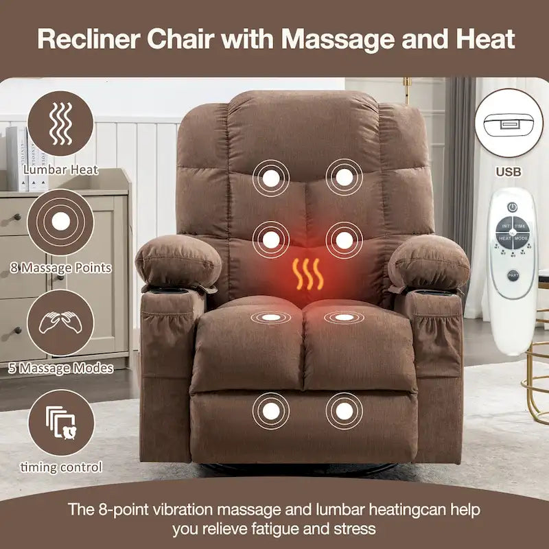 Fauteuil inclinable gris surdimensionné avec fonctions de chauffage et de massage, inclinaison à 150°, bascule à 30°, port USB pour la recharge et 2 porte-gobelets