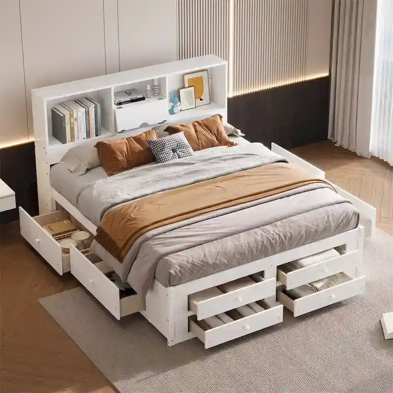 Lit plateforme King Size avec tête de lit de rangement et 8 tiroirs