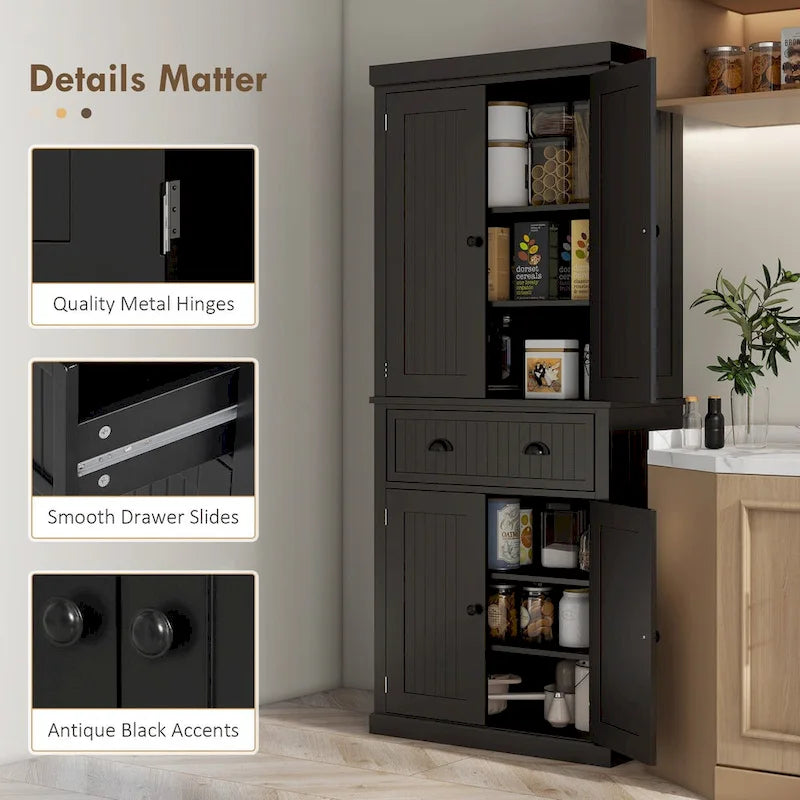 Meuble de rangement de cuisine autoportant traditionnel de 72 pouces avec 4 portes et 3 étagères réglables, grand tiroir central