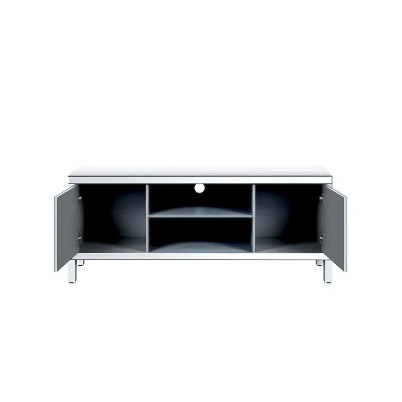 Meuble TV de 150 cm avec portes miroir en losange et rangement pour téléviseurs jusqu'à 65 pouces
