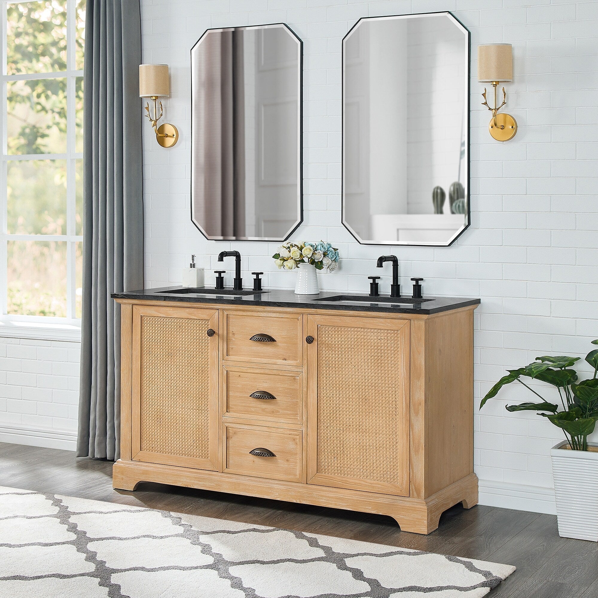 Meuble sous-vasque Hervas avec plateau en marbre naturel, sans miroir