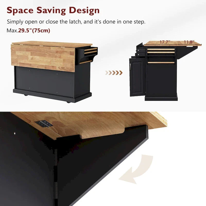 54 Grand îlot de cuisine avec plateau rabattable en bois d'hévéa, chariot de cuisine roulant à texture gaufrée sur 4 roues avec 4 portes et 3 tiroirs